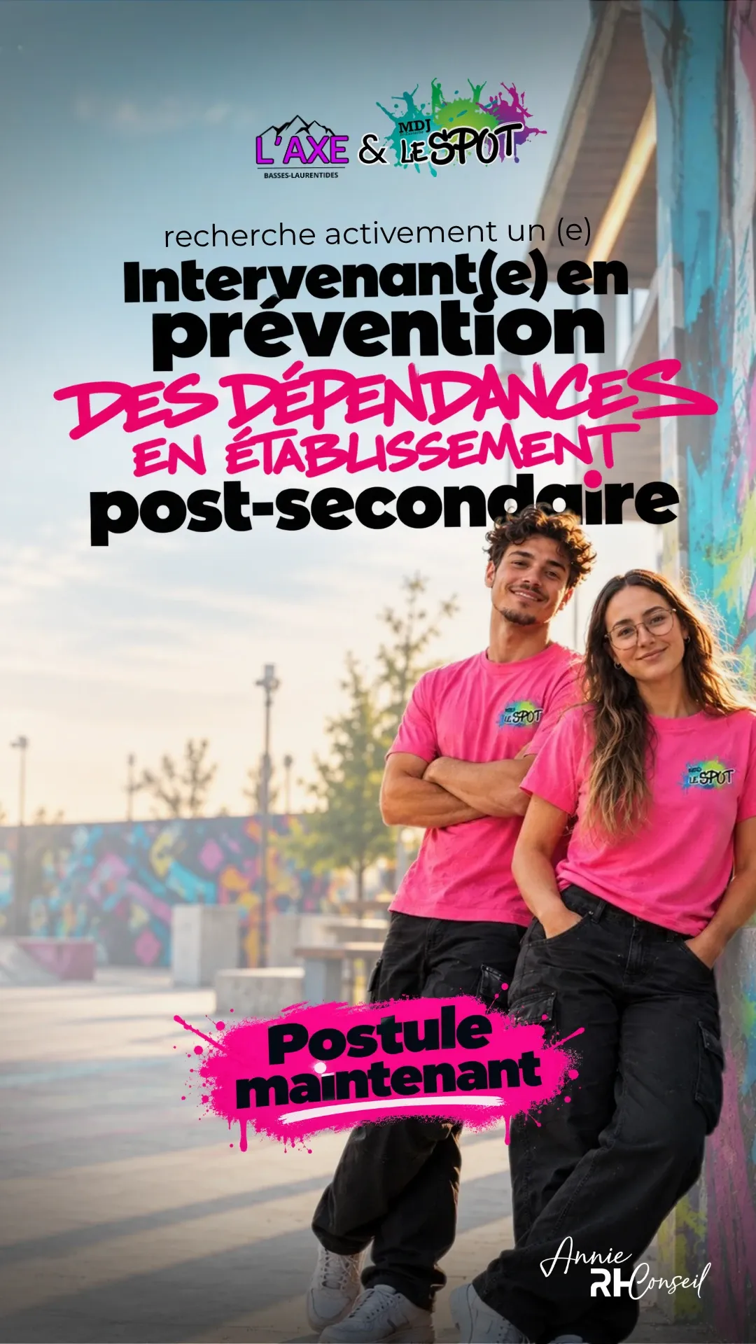 Affiche : L’Axe et la Maison des jeunes Le Spot recherchent activement un.e intervenant.e en prévention des dépendances en établissement post-secondaire. Postule maintenant.